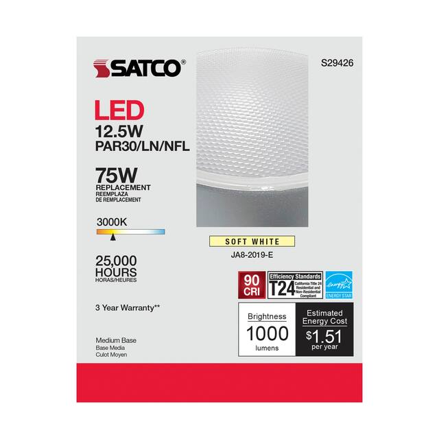 12.5 Watt PAR30LN LED 3000K 25 deg. Beam Angle Medium base 120 Volt - Clear