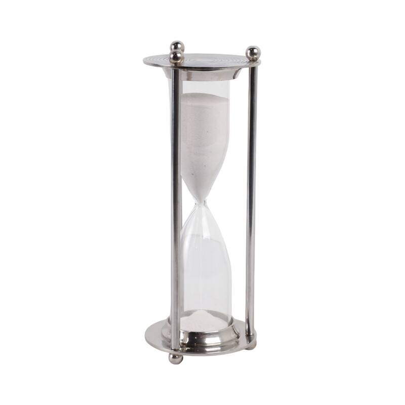 Metal Glass Decorarive Hourglass Object Metallic Finish - 11" Silver - 4" x 4" x 11"