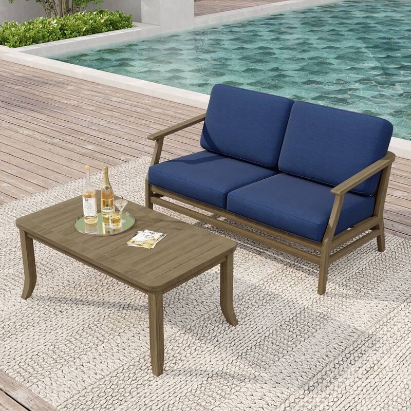Teak Wood Patio Outdoor Loveseat Sofa and Coffee Table Set - Natural Wood - Navy