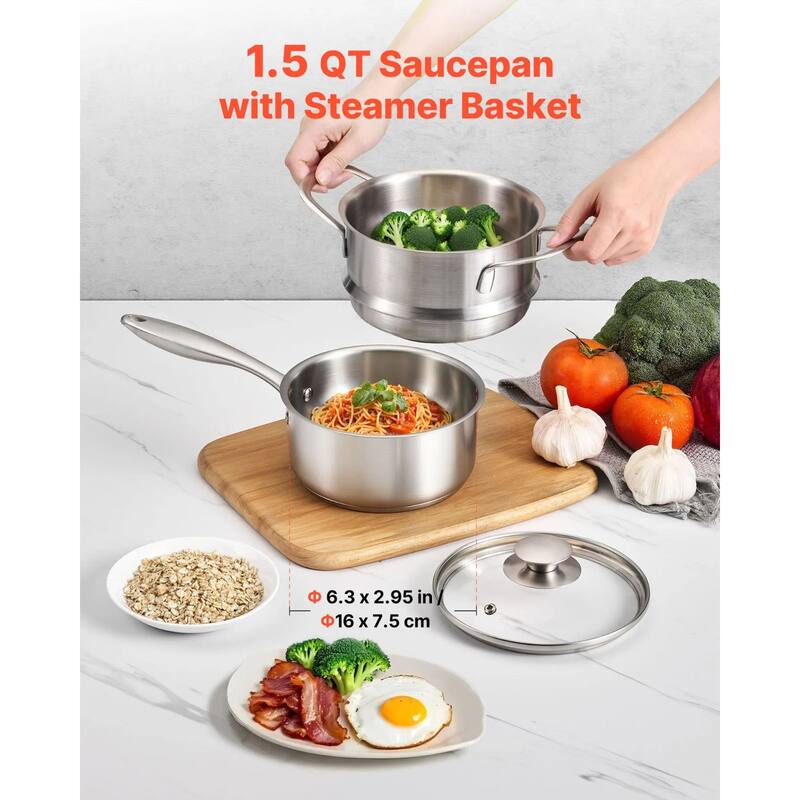 Silver 2-in-1 Aluminum Saucepan with Steamer Insert Oven Safe for Daily Use