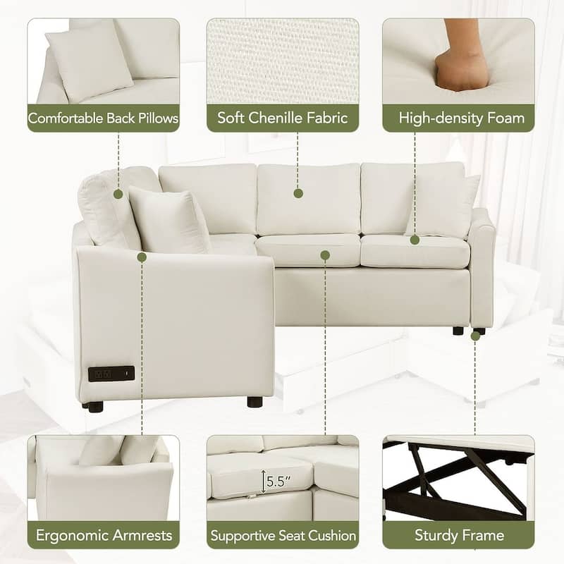 L-shaped Sofa Convertible Sofa Bed, Living Room Spacious Space Pull Out Sofa Sleeper