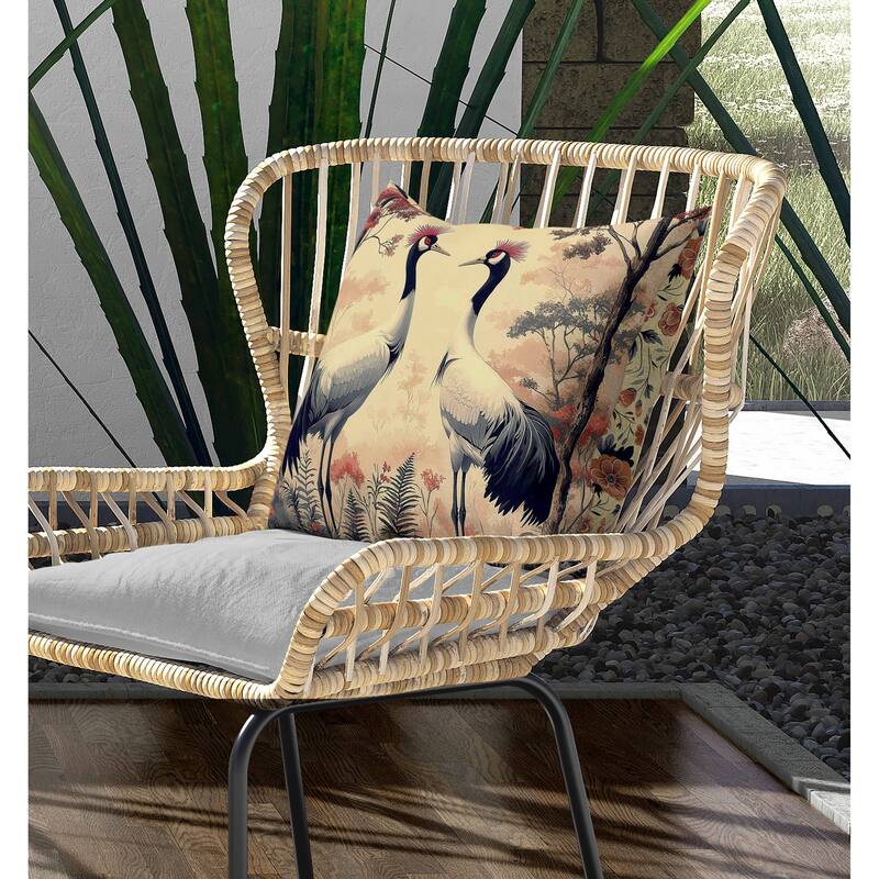 Autumnal Cranes Indoor/Outdoor Reversible Throw Pillow Gray and Red