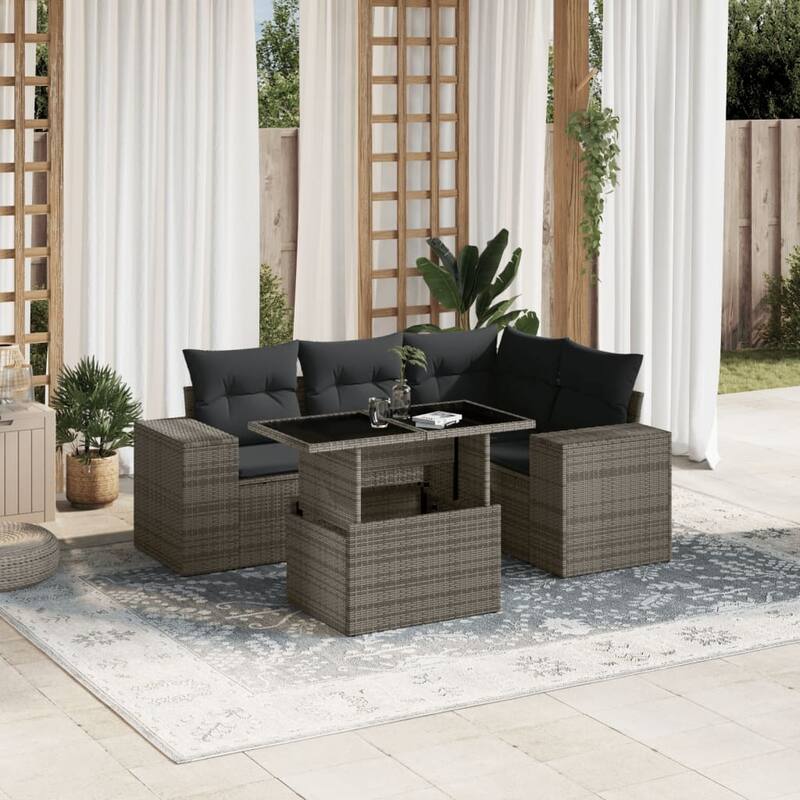 vidaXL Patio Sofa Set with Cushions Outdoor Furniture 5 Piece Poly Rattan - Grey-without storage - 21.7 x 39.4 x 28.7