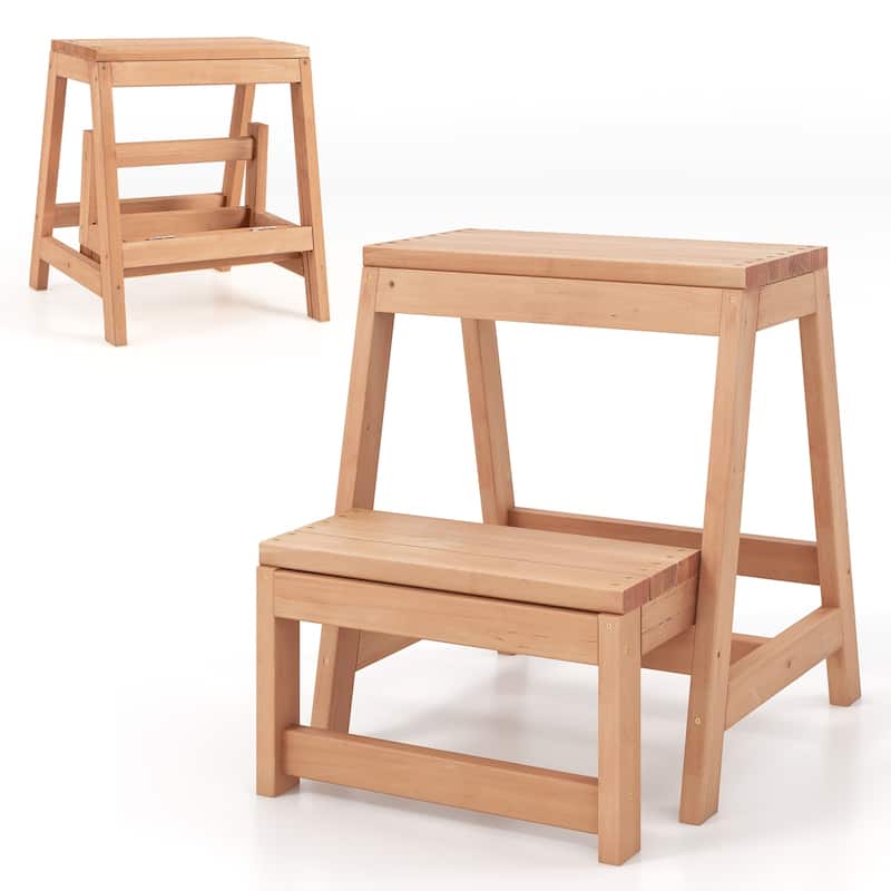 Space-Saving Solid Fir Wood 2-Tier Folding Step Stool Ladder for High Shelves and Plant Display