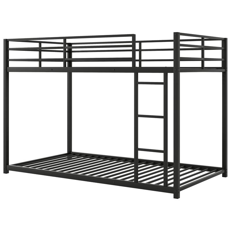 Twin/Full Size Metal Low Bunk Bed, Heavy Duty Steel Bunk Bed Frame with Built In Ladder and Guardrail