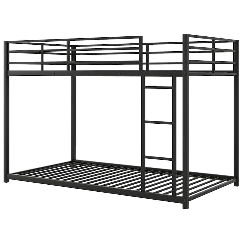 Twin over Twin Metal Bunk Bed with Ladder, Low Design, Black