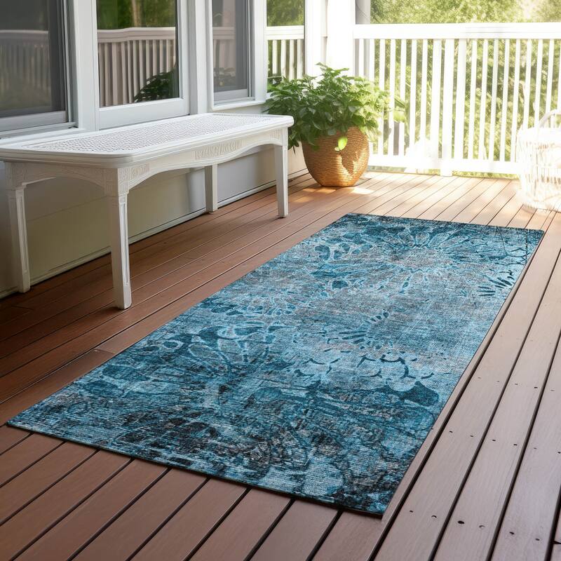 Machine Washable Indoor/ Outdoor Modern Floral Chantille Rug - Teal - 2'3" x 7'6"