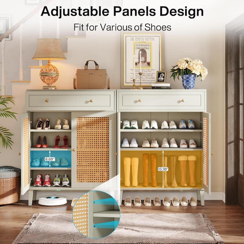 Shoe Cabinet with Doors and Drawer, Modern Rattan Shoe Storage Cabinet for Entryway, Mint Green