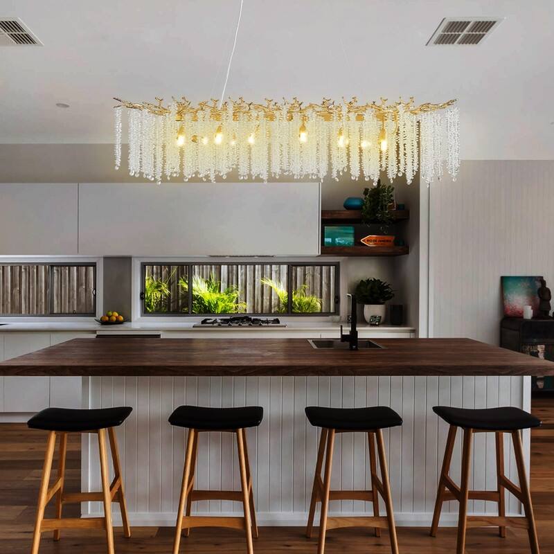 KAYLA Indoor Rectangle Crystal Chandeliers, Dining Room Light, Pendant Light Fixture for Kitchen Island