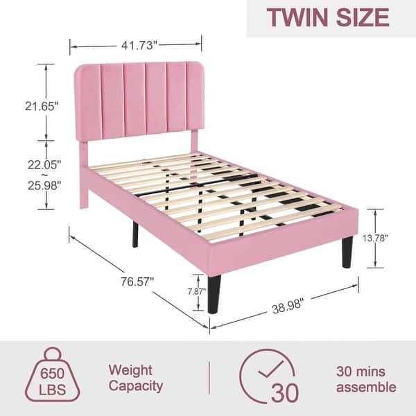 dimension image slide 2 of 5, Twin Upholstered Platform Bed Frame with Headboard and 12 Wooden Slats, Adjustable Height,