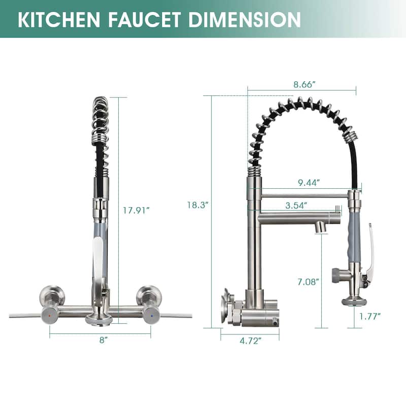 Dornberg Wall Mount Kitchen Faucet with Sprayer, 2 Handle Pull Down Faucet