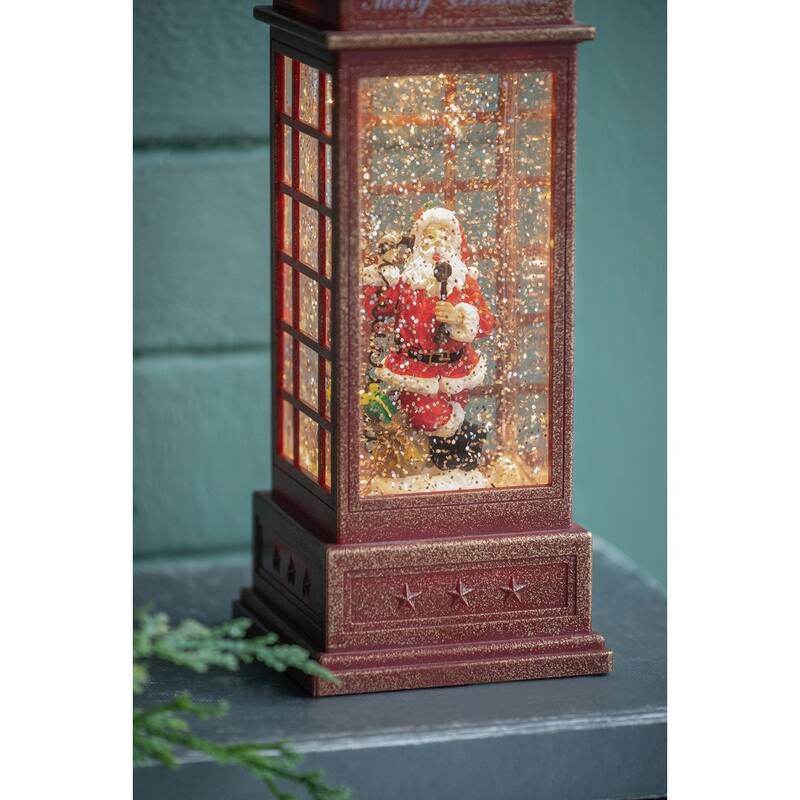 4x4x10"H Christmas Lighted Water Spinning Phone Booth With Santa On Phone, 3*AA Batteries Required