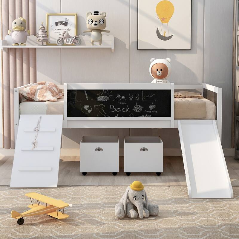 Twin Loft Bed with Climbing Frame and Slide, Wooden Loft Bed with Chalkboard & Storage - White