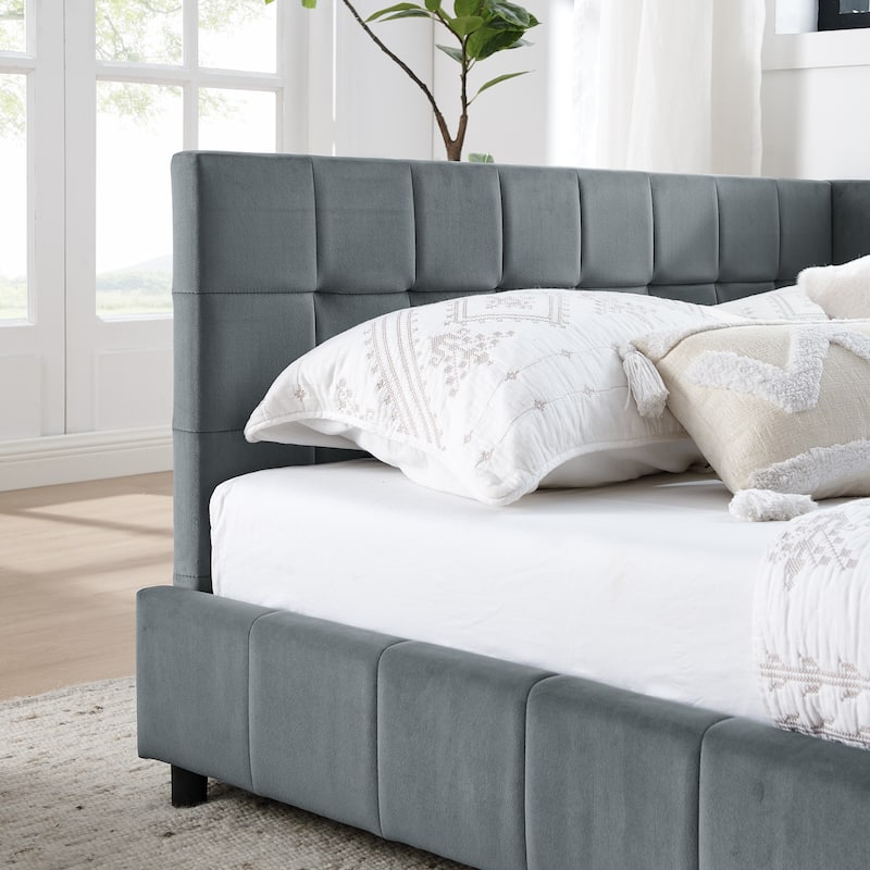 Queen Size Upholstered Tufted Bed Frame with Backrest and Armrests, Velvet Grey, Easy Assembly