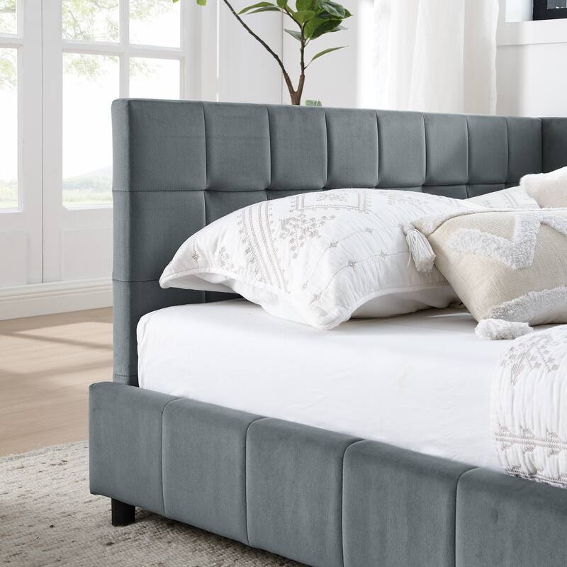 Roomfitters Queen Upholstered Tufted Sofa Bed Frame with Backrest and Armrests, Velvet Platform Bed