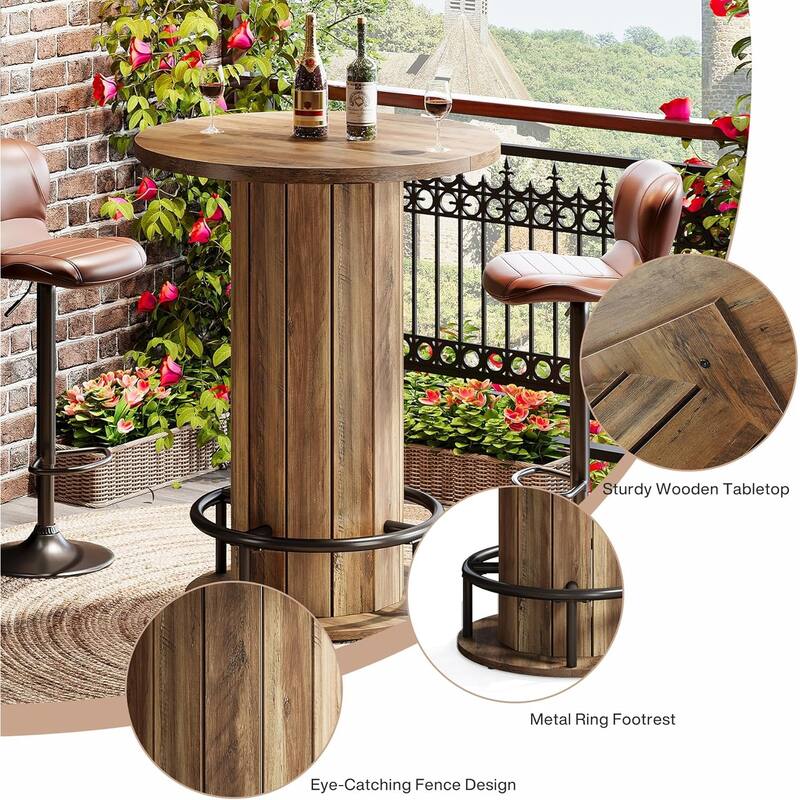 39.4 Inches Wood Round Bar Table, Bistro Pub Table with Metal Ring Footrest