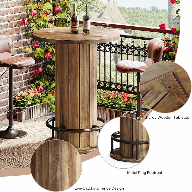 Round Bar Table, Wood Bistro Pub Table with Metal Ring Footrest