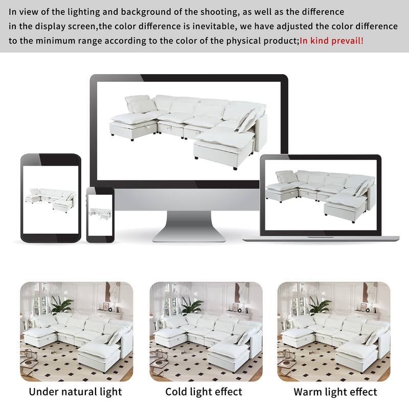 U-Shaped Modular Storage Sectional Sofa, Double-Layer Cushion Couch Bed