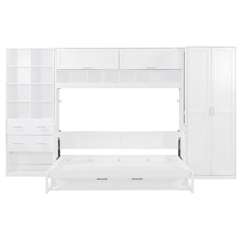 Full/Queen Size Murphy Wall Bed with Closet and 2 Storage Drawers, Space Saving Foldable Murphy Cabinet Bed with Storage Shelves