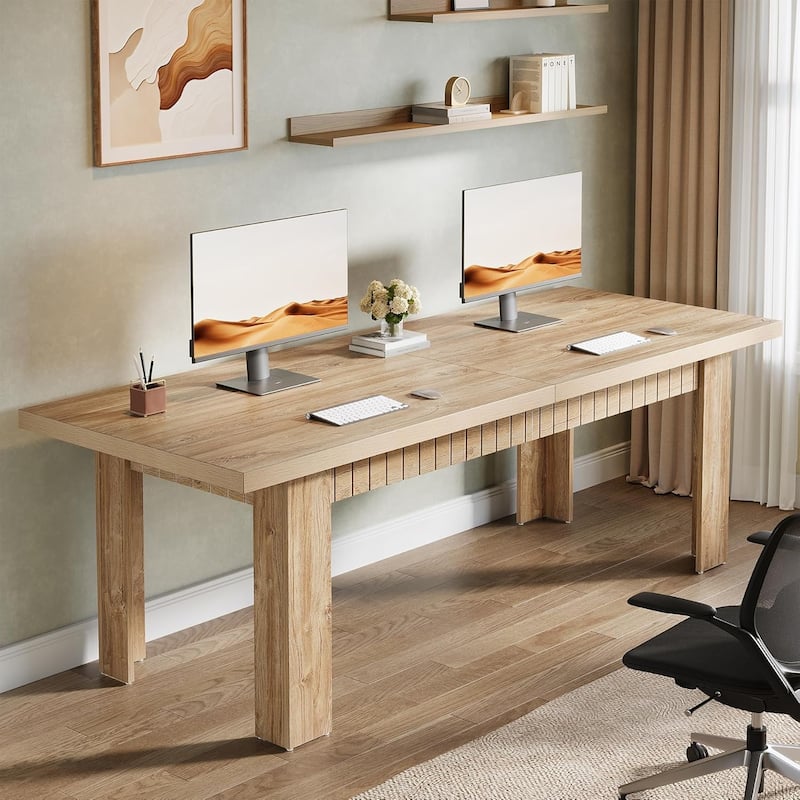 79 Inch Double Desk 2 Person, Modern Large Home Office Desk Workstation Writing Table - Light Oak