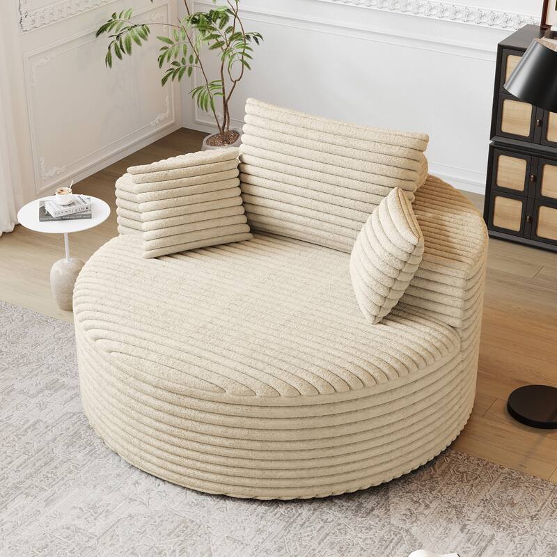 Fluffy Barrel Chair Corduroy Chaise Lounge Single Floor Sofa Armchair Cloud Recliner Chair with Cylindrical Pillow