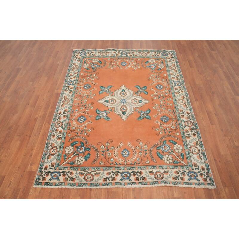 Hand Knotted Oriental 100% Wool Carpet Traditional Floral Oranges & Rust Tabriz Area Rug - 6' 10'' X 5' 0''