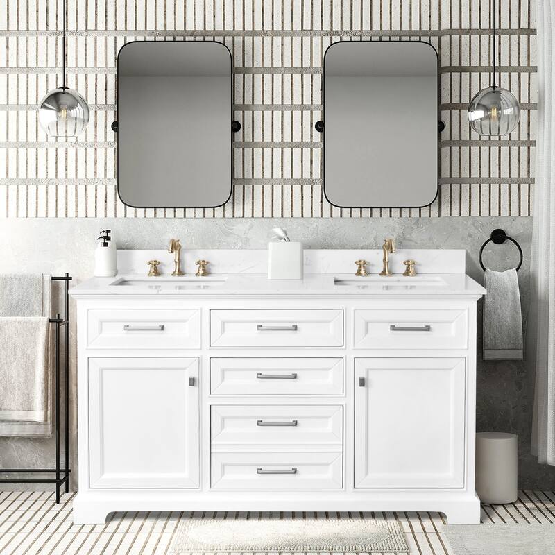 Prismarble Bathroom Vanity 60 in White with Marble Top & Backsplash, Double Sinks