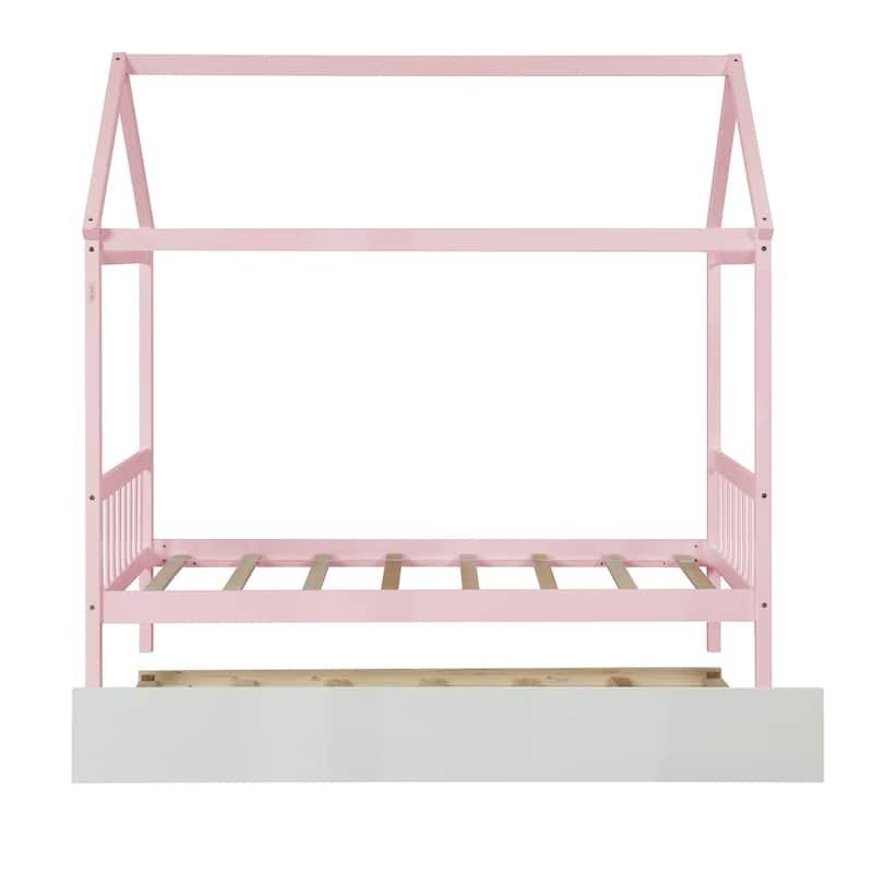 Twin Size Solid Wood House Bed Frame with Trundle