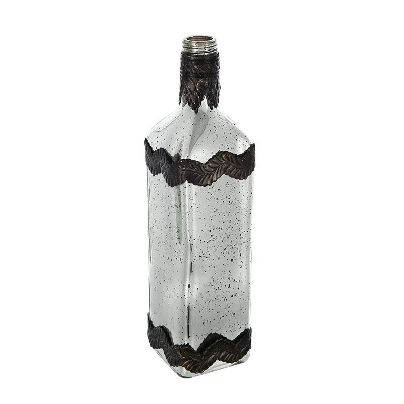 D3x12" Antique Silver Decorative Glass Bottle Vase with Bronze Leaf Accents