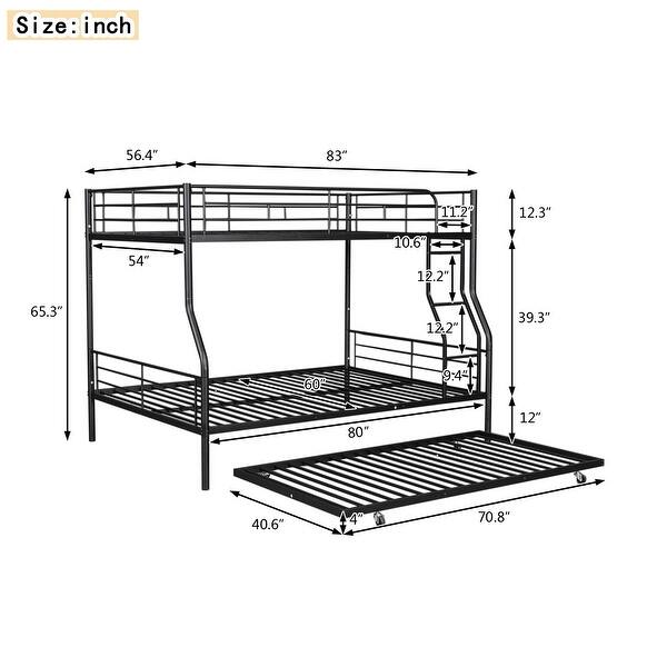 dimension image slide 1 of 3, Full XL Over Queen Metal Bunk Bed with Trundle, Modern Design, Safety Guardrails, and Split-to-2 Option