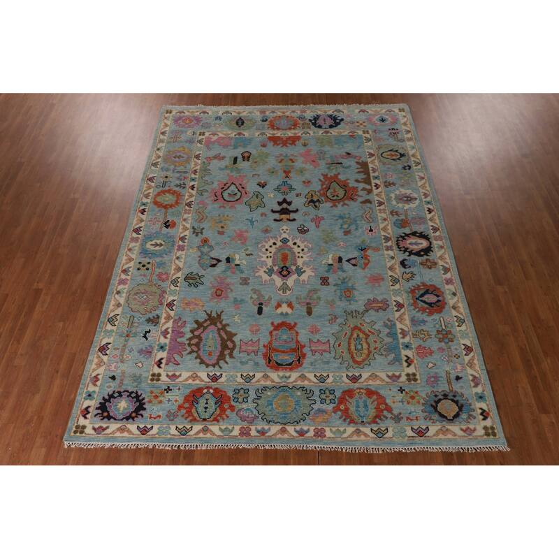 Light Blue Oushak Rug Hand-Knotted Wool Carpet - 8'11" x 11'8"