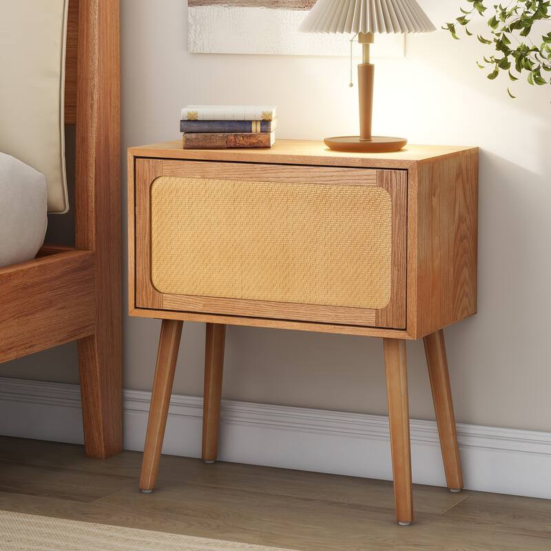 Mid-Century Modern Rotating Hidden Compartment Rattan Nightstand - Natural