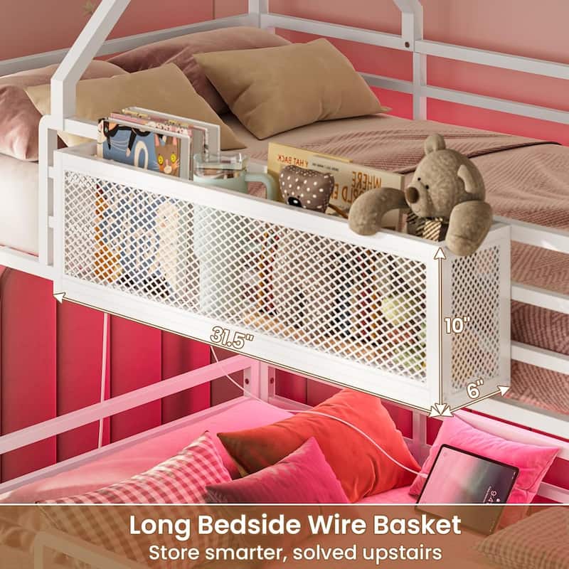 House Low Loft Bed Twin Size Storage Drawers Bookcase LED Lights