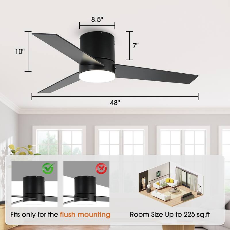 Modern 48" Wood 3-Blade LED Hugger Ceiling Fan with Remote - N/A