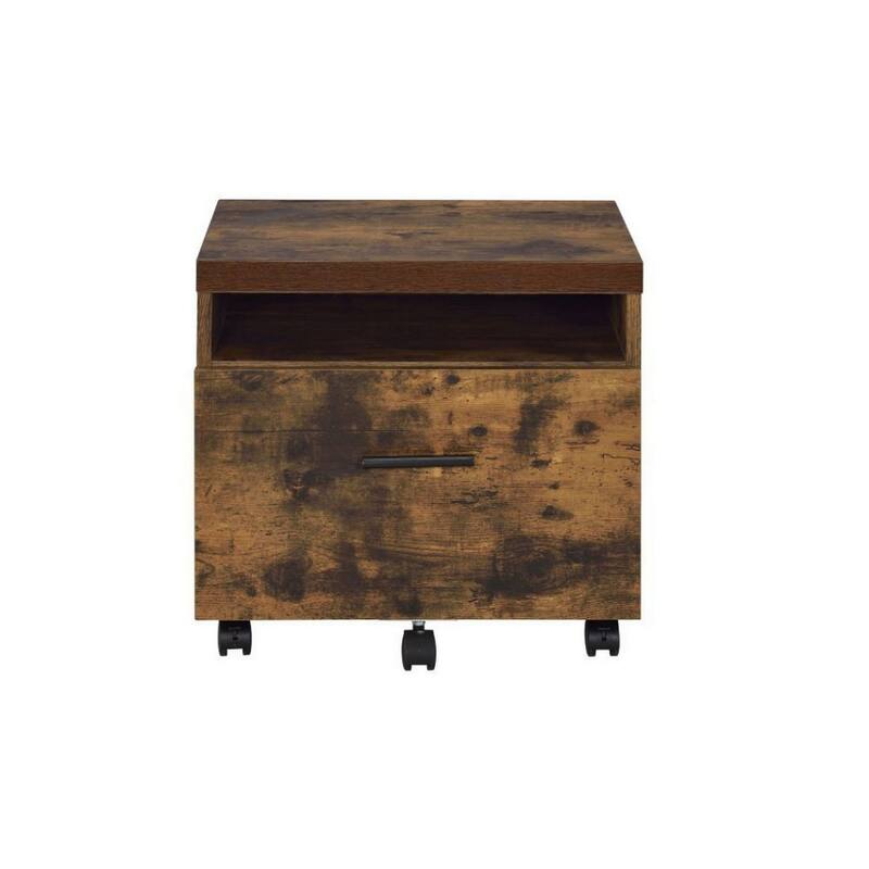 Wooden File Cabinet With Open Compartment And Drawer, Oak Brown And Black
