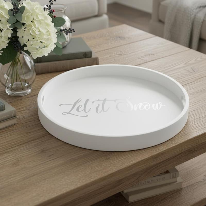 HomeRoots 14" White And Silver Let It Snow Round Serving Tray With Handles - 13.75 in. x 1.65 in. x 13.75 in. - White/Silver - 13.75 in. x 1.65 in.  x 13.75 in.