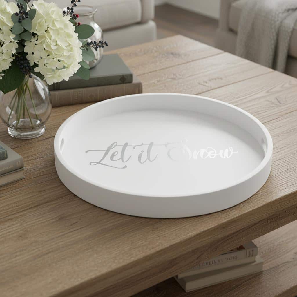 HomeRoots 14" White And Silver Let It Snow Round Serving Tray With Handles - 13.75 in. x 1.65 in. x 13.75 in.