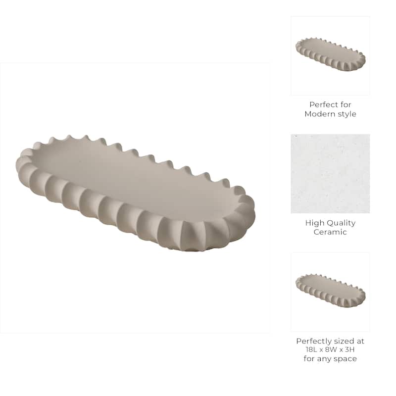 Ceramic Decorative Tray Sculpted Edge Design Modern Decor - 3" Ivory - 18" x 8" x 3"