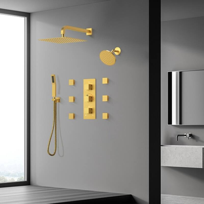 Thermostatic Dual Shower System 12" and 6" Rainfall Shower Head with 6 Body Jets & Handheld Shower
