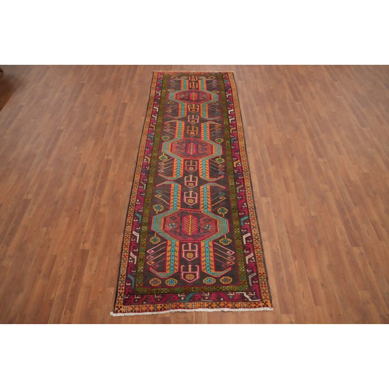 Hand Knotted Oriental 100% Wool Carpet Traditional Tribal Greys & Charcoal Ardebil Runner Rug - 10' 6'' X 3' 8''