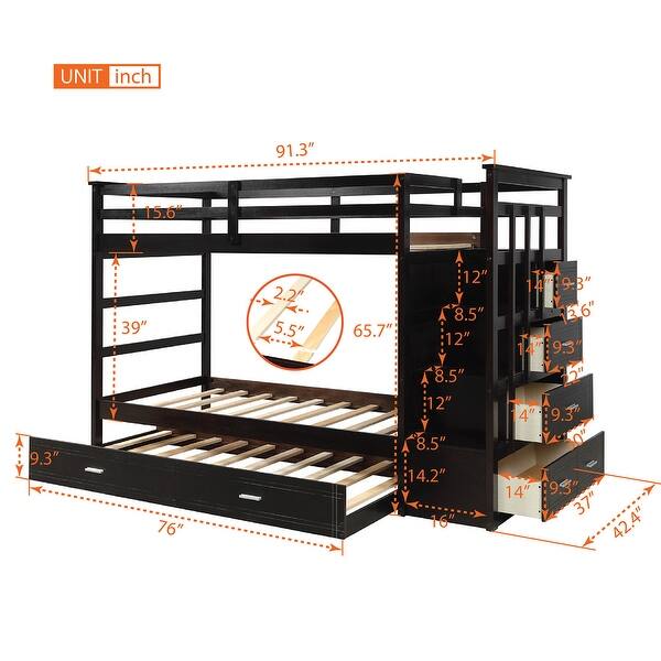 Contemporary Style Solid Wood Bunk Bed, Hardwood Twin Over Twin Bunk Bed with Trundle and Staircase