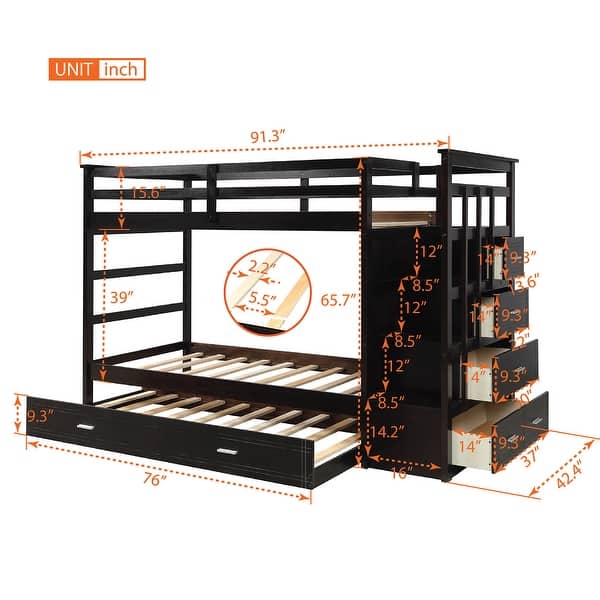 Hardwood Twin Over Twin Bunk Bed with Trundle, Multifunction Staircase and 4 Storage Drawers, Espresso