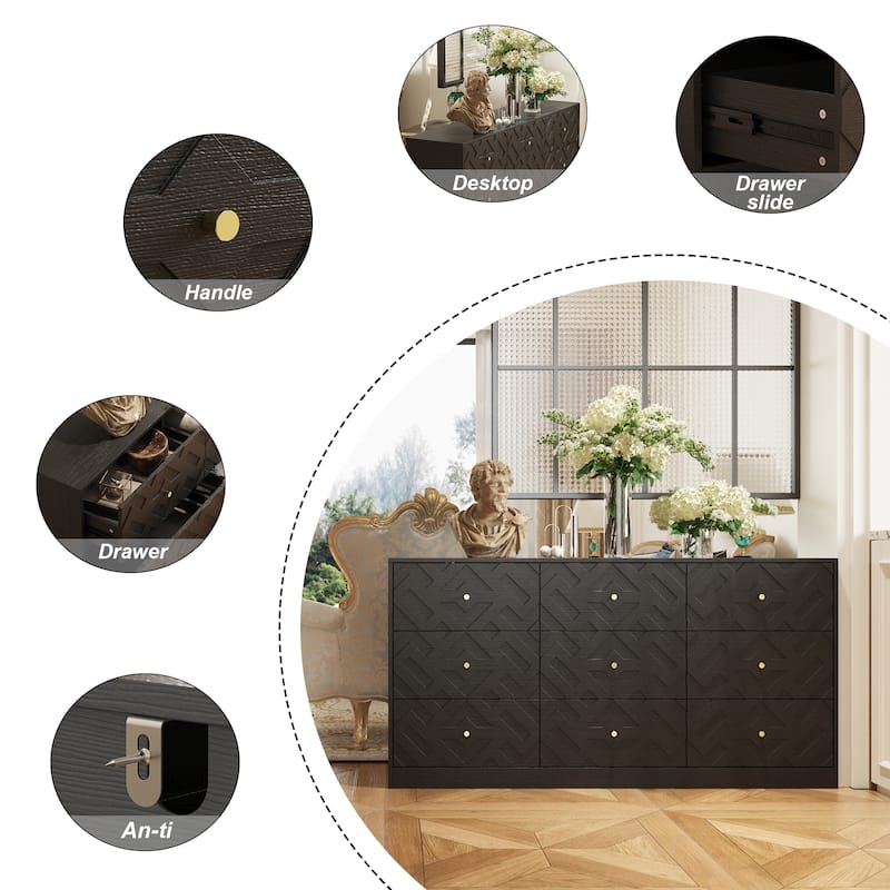 63" Wide Display Storage Cabinet Wood Curio Cabinet 9-Drawers Cabinet