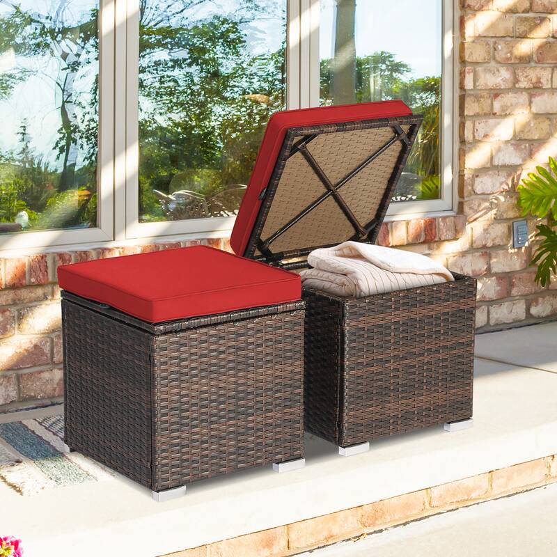 Costway 2PCS Patio Rattan Ottomans Seat Side Table Storage Box - See Details