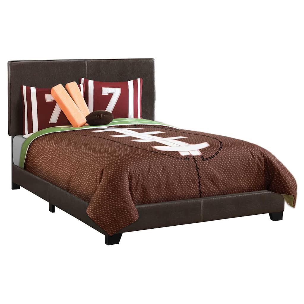 Brown Faux Leather Full Bed Frame with Wood Panel Headboard and Upholstered Standard