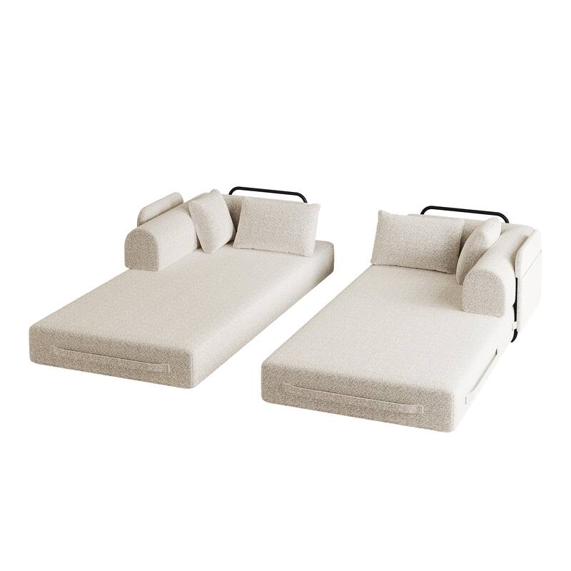 Chenille Convertible Sleeper Sofa Bed, Folding Sofa Bed with Cylindrical Pillow, Floor Upholstered Sofa with Side Pocket