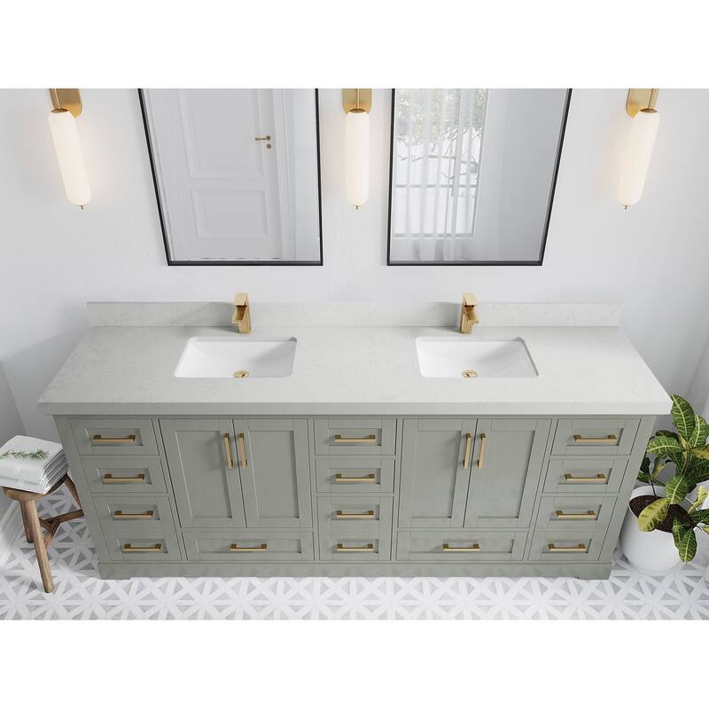 Willow Collection 84 in W x 22 in D x 36 in H Boston Double Bowl Sink Bathroom Vanity with Countertop - 2"Carrara Quartz - Evergreen