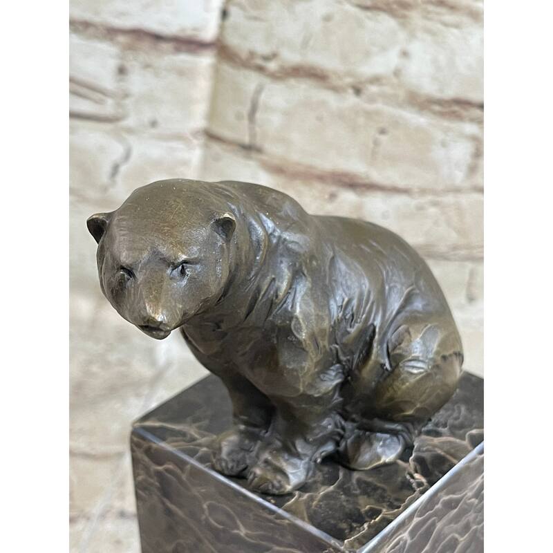 Handmade Signed Sitting Polar Bronze Bookend Book End Marble Sculpture Statue
