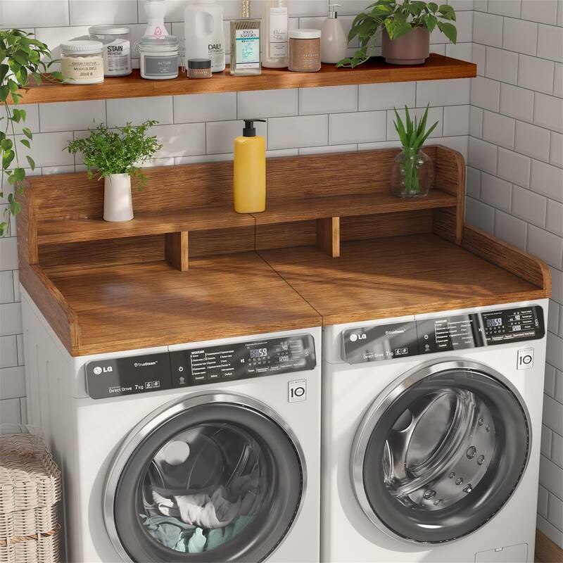 Laundry Washer Wood Countertop with Double Layer Organizer