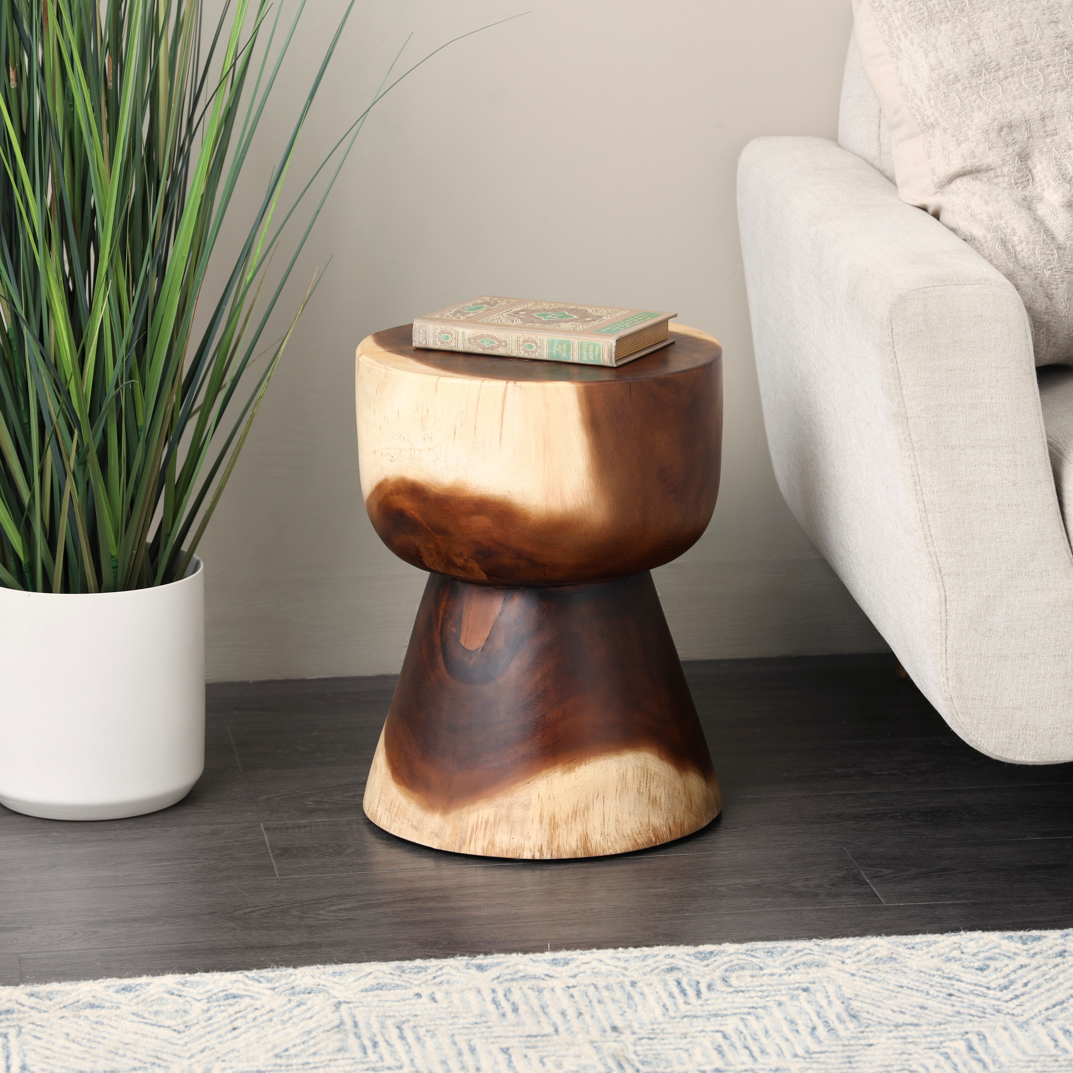 Brown Wood Handmade Hourglass Stool with Natural Wood Grain Bed
